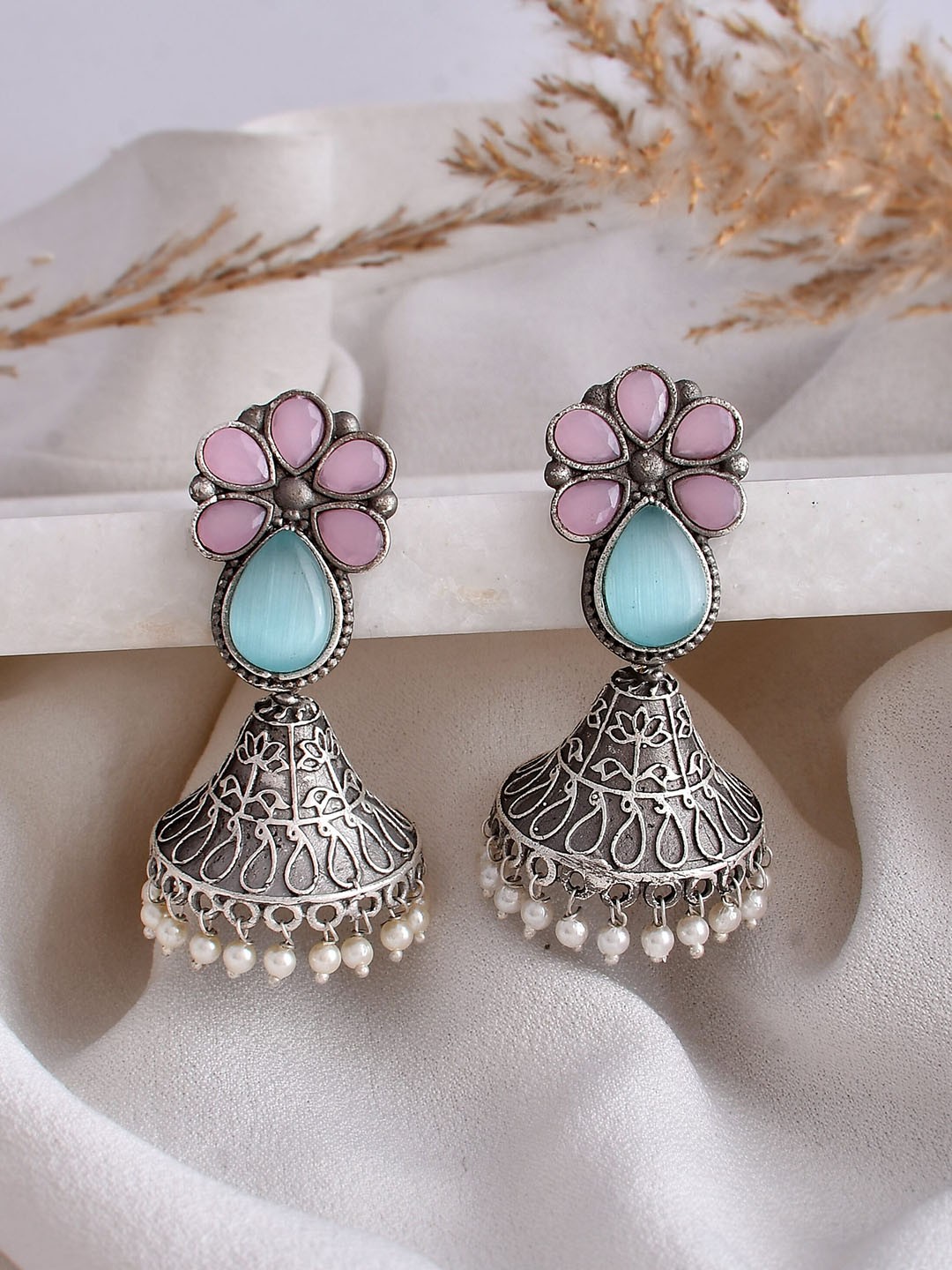 

DASTOOR Silver-Plated Oxidised Contemporary Jhumkas