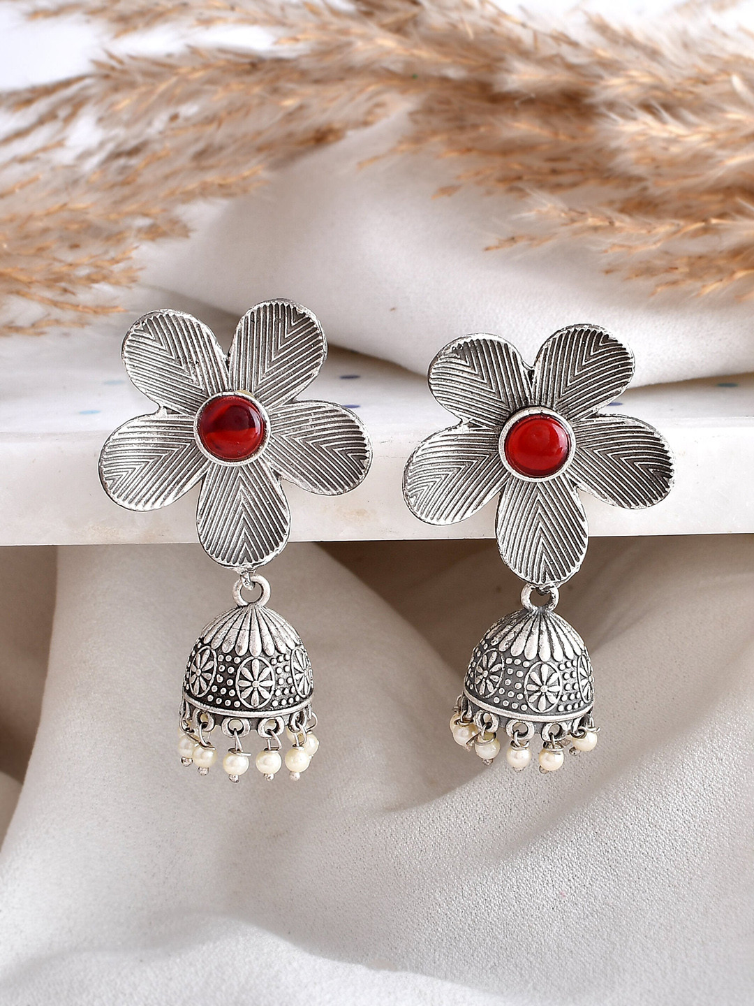 

DASTOOR Silver-Plated Oxidised Contemporary Jhumkas