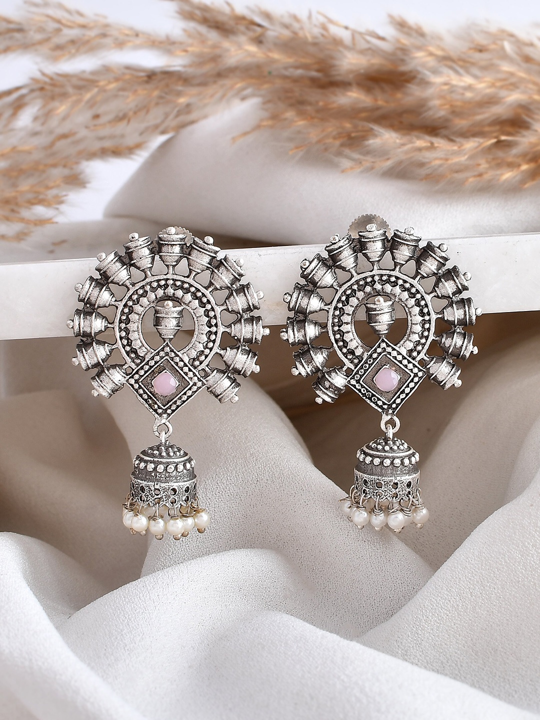 

DASTOOR Silver-Plated Dome Shaped Stone Studded & Beaded Jhumkas