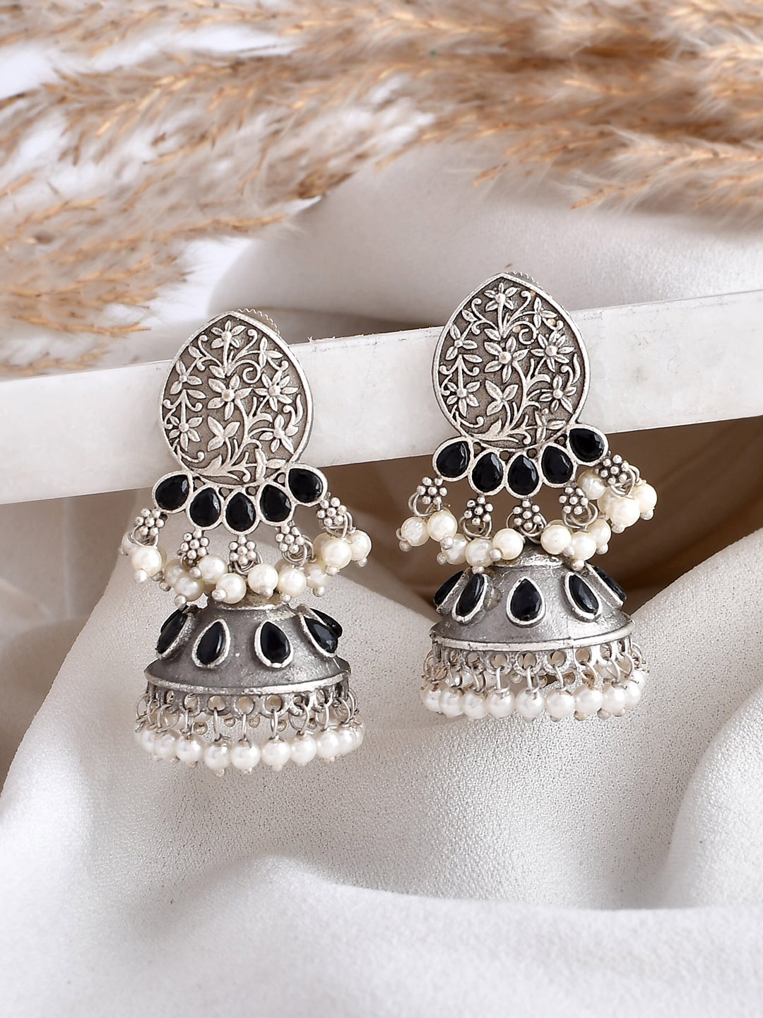 

DASTOOR Silver-Plated Dome Shaped Stone Studded & Beaded Jhumkas