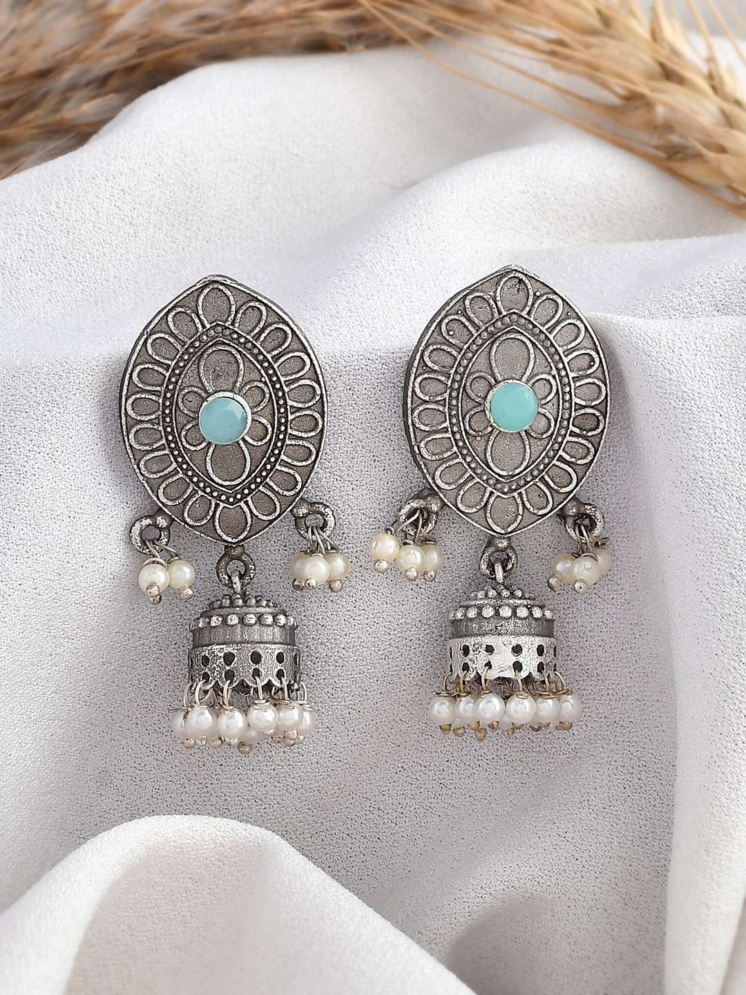 

DASTOOR Silver-Plated Contemporary Jhumkas Earrings