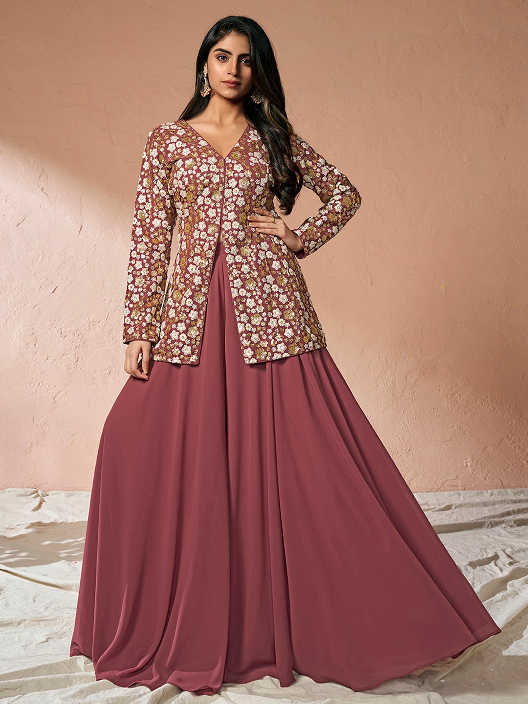 

Inddus Floral Embroidered High Slit Sequinned A-Line Kurta with Palazzos, Mauve