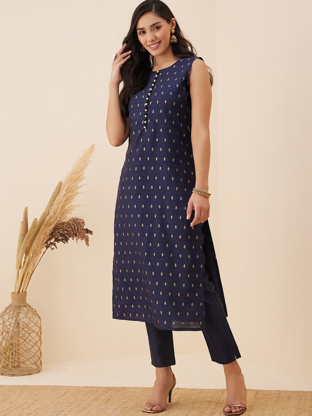 

Inddus Ethnic Motif Woven Design Straight Kurta with Trousers, Navy blue