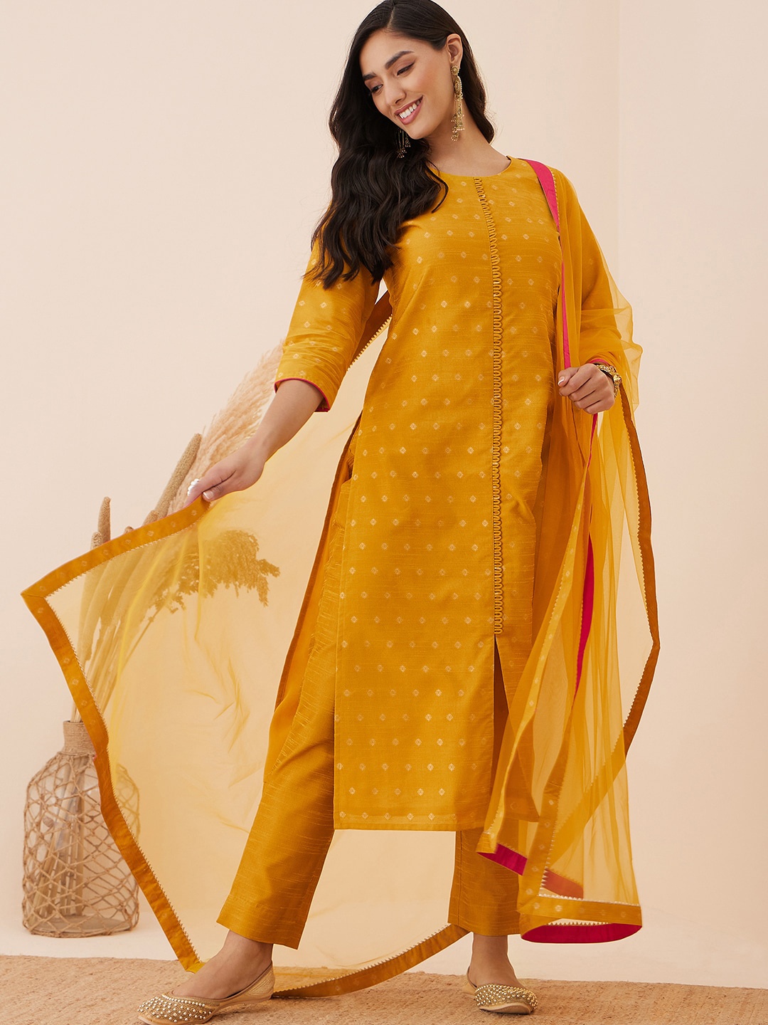 

Inddus Ethnic Motif Woven Design Straight Kurta & Trousers With Dupatta, Mustard