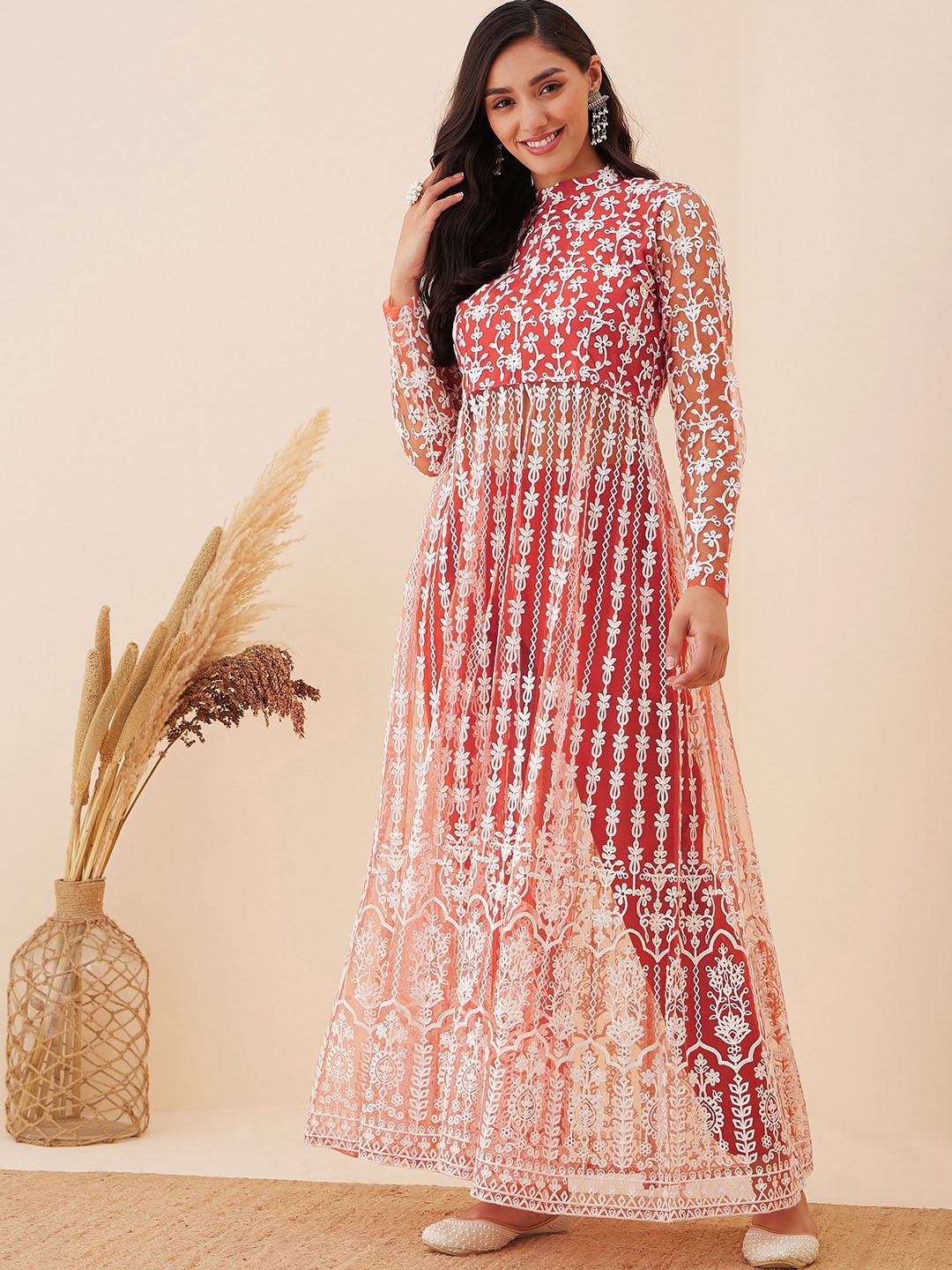 

Inddus Floral Embroidered High Slit Thread Work Kurta with Trousers, Rust