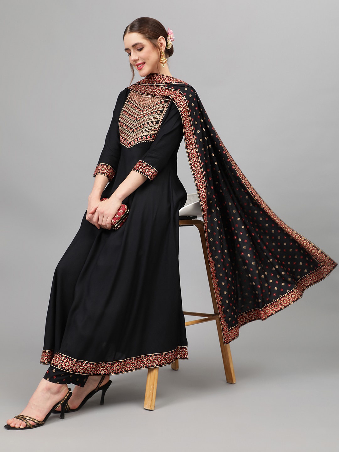 

Khushal K Floral Yoke Design Thread Work Kurta With Palazzos & Dupatta, Black