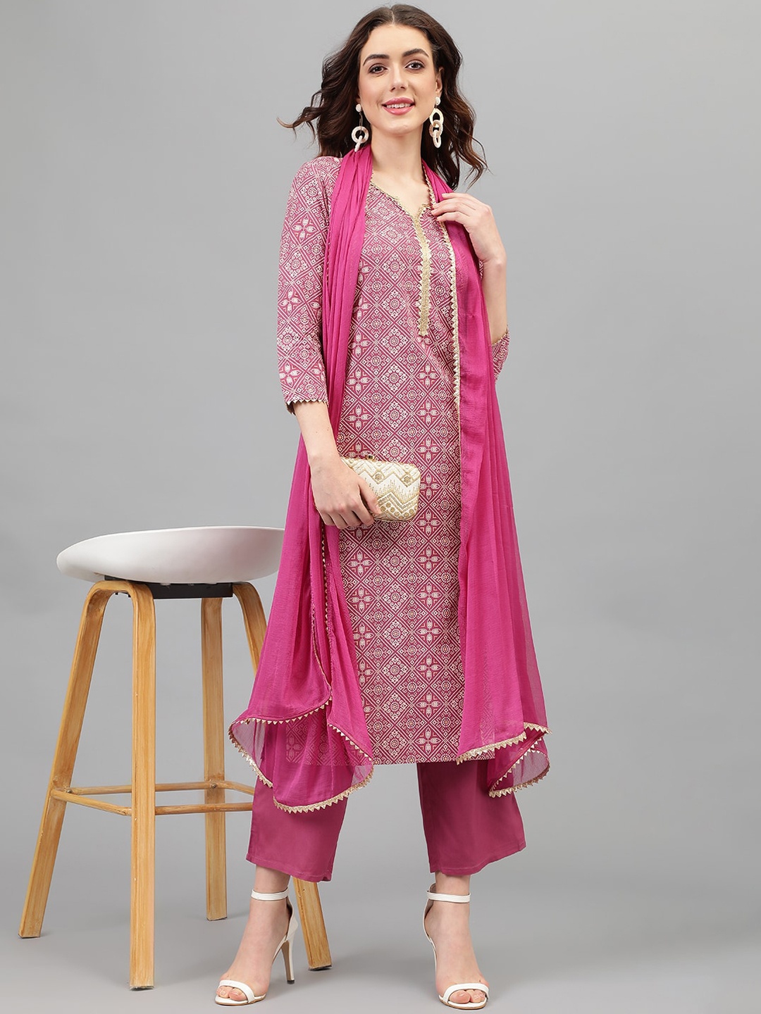 

Khushal K Bandhani Printed Kurta With Palazzos & Dupatta, Pink