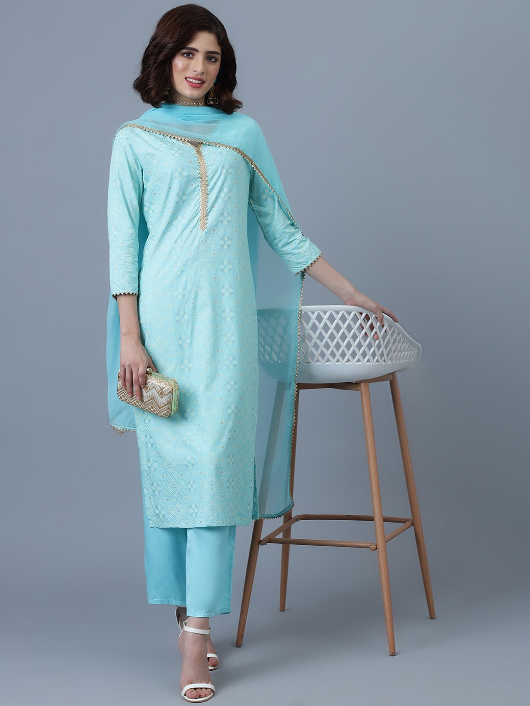 

Khushal K Bandhani Printed Kurta With Palazzos & Dupatta, Blue