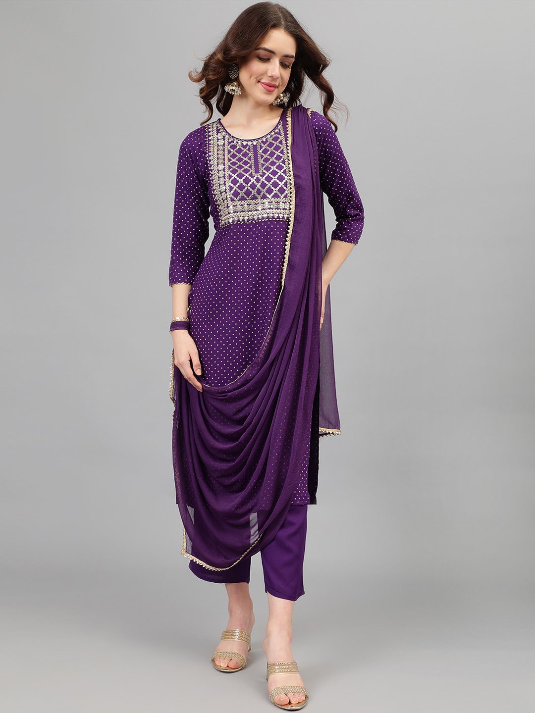 

Khushal K Bandhani Printed Sequinned Kurta With Palazzos & Dupatta, Purple