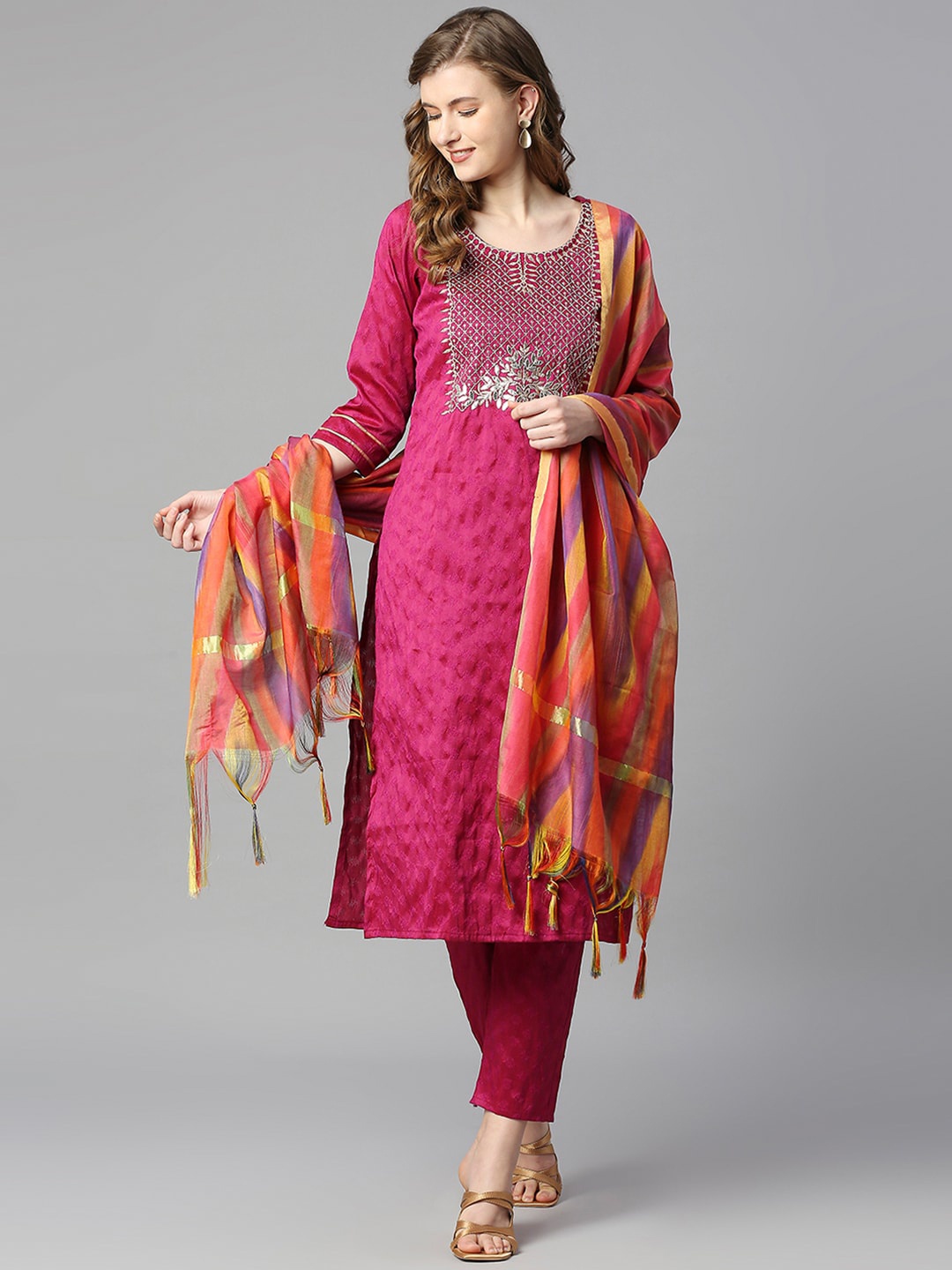 

BLACK SCISSOR Ethnic Motifs Embroidered Kurta with Trousers & Dupatta, Pink