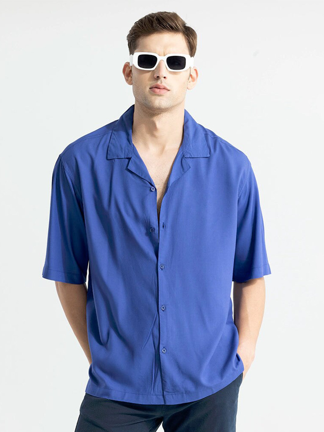

Snitch Blue Classic Cuban Collar Oversized Casual Shirt