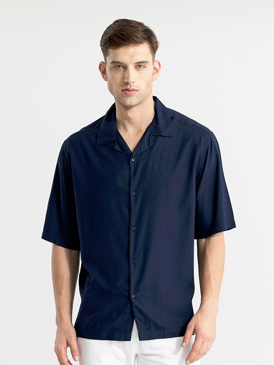 

Snitch Navy Blue Classic Cuban Collar Oversized Casual Shirt