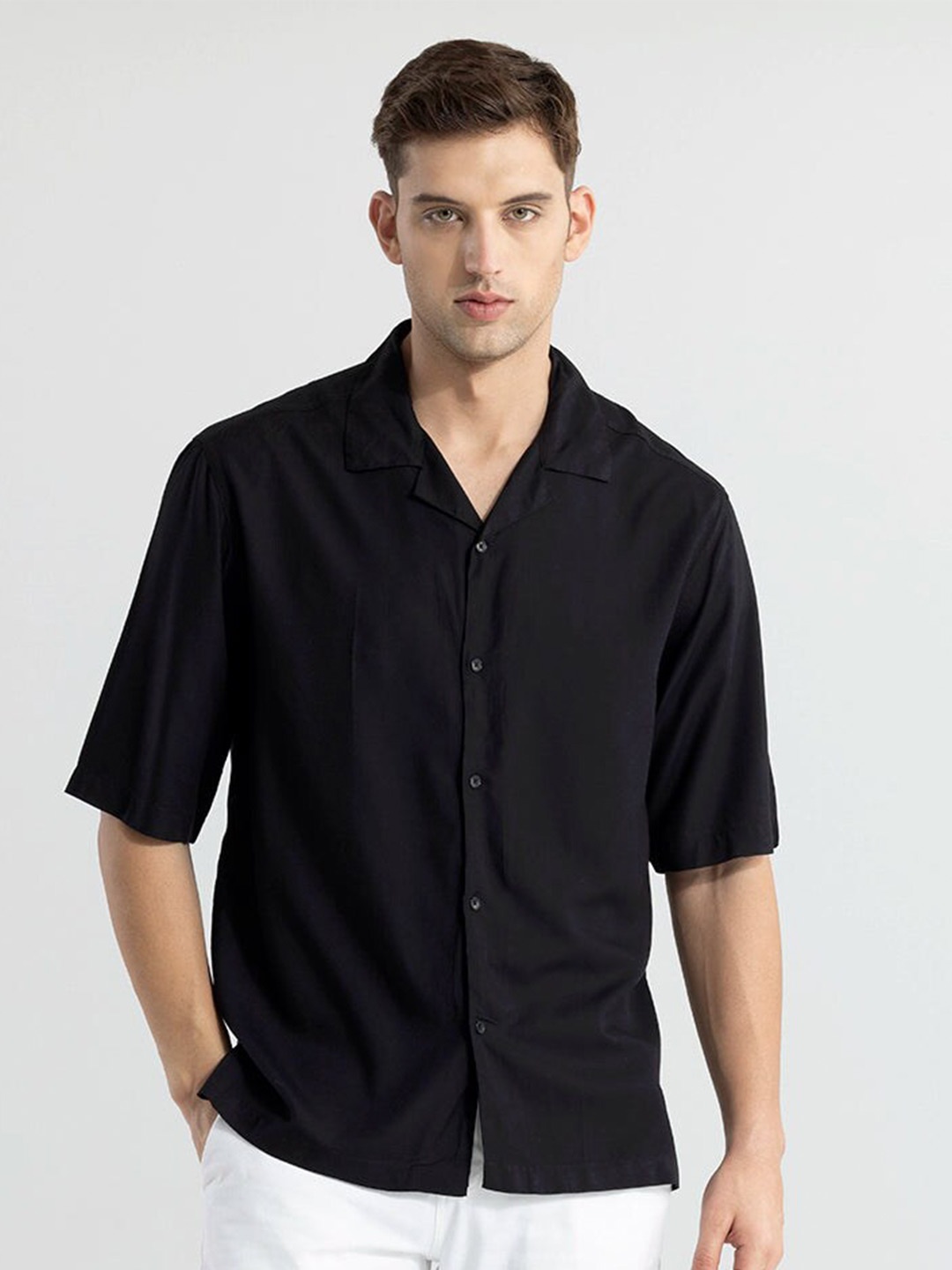 

Snitch Black Classic Cuban Collar Oversized Casual Shirt
