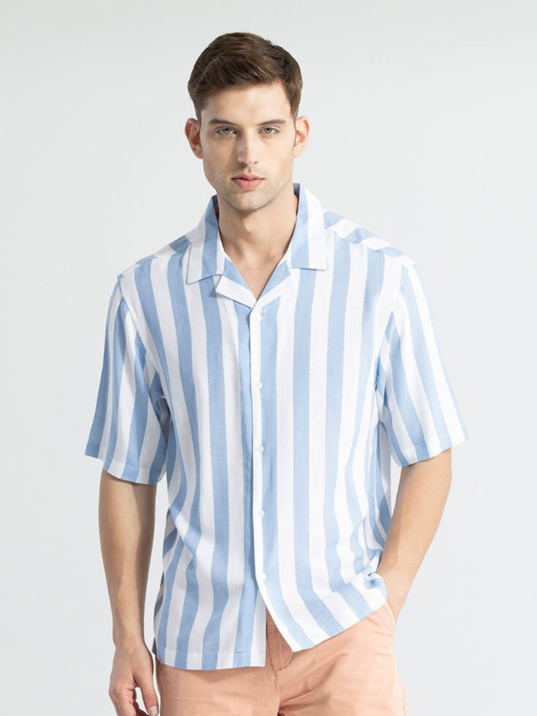

Snitch Classic Oversized Blue & White Vertical Striped Cuban Collar Casual Shirt