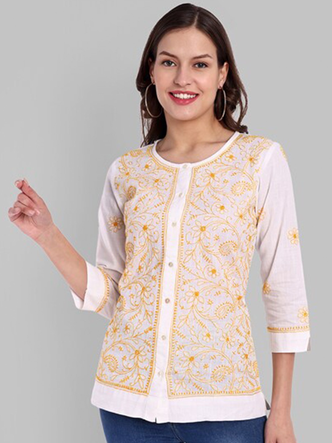 

ADA Floral Embroidered Cotton Shirt Style Top, White