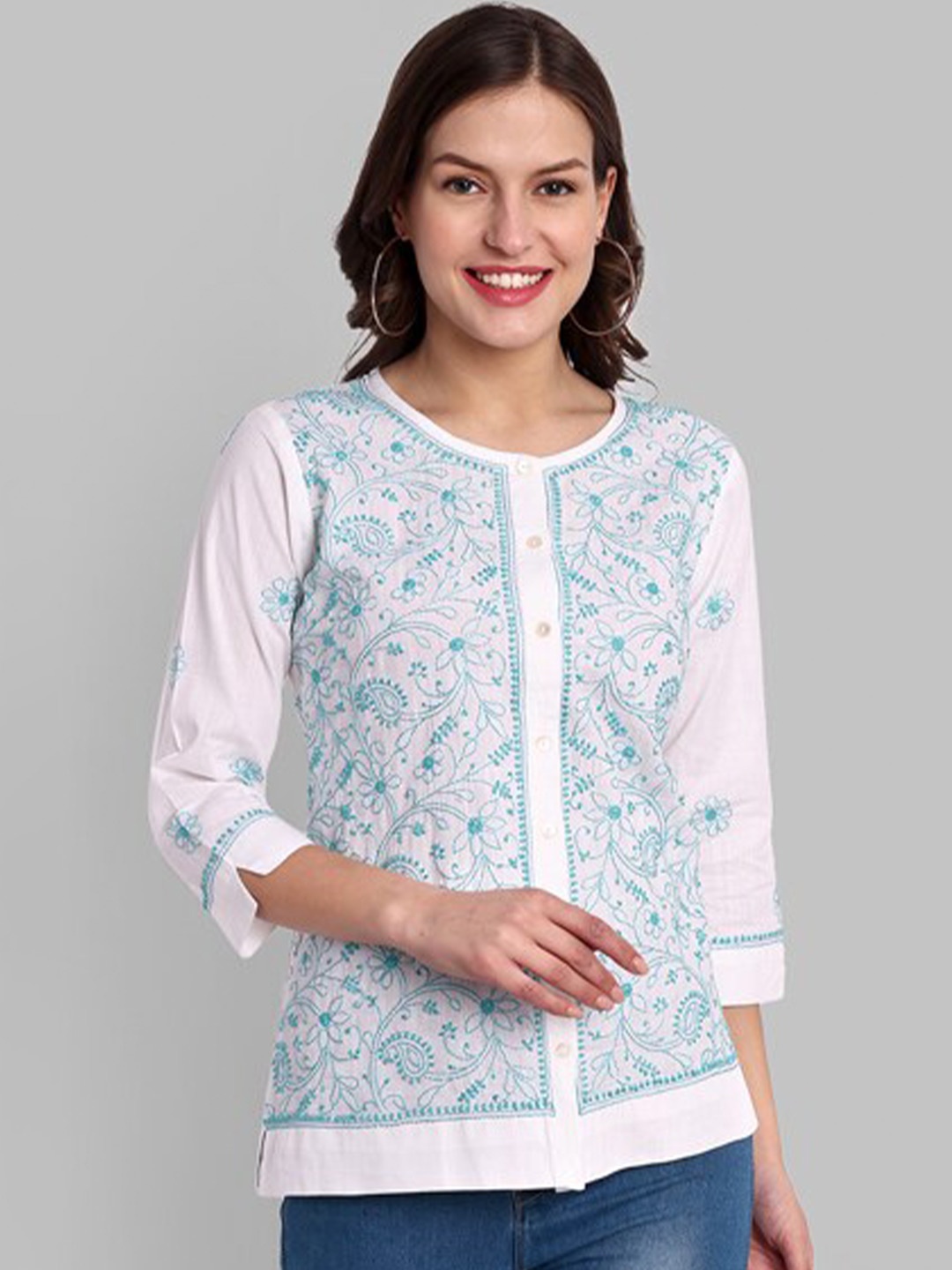 

ADA Floral Embroidered Cotton Shirt Style Top, White