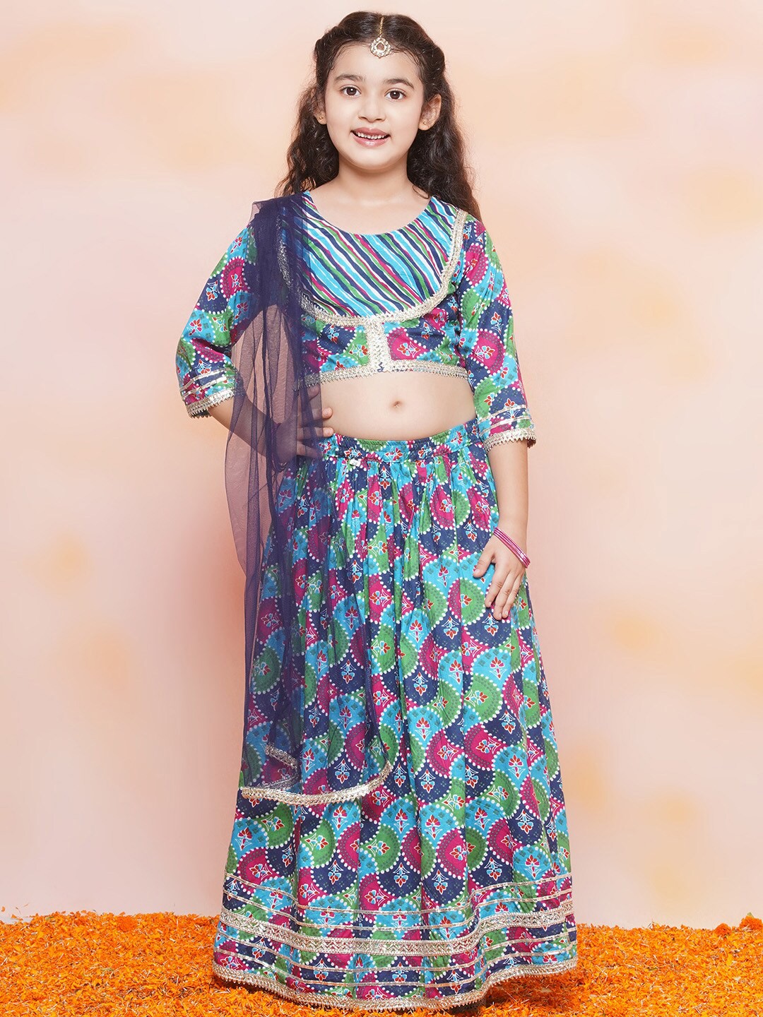 

Aj DEZInES Girls Floral Printed Ready to Wear Lehenga & Blouse With Dupatta, Blue