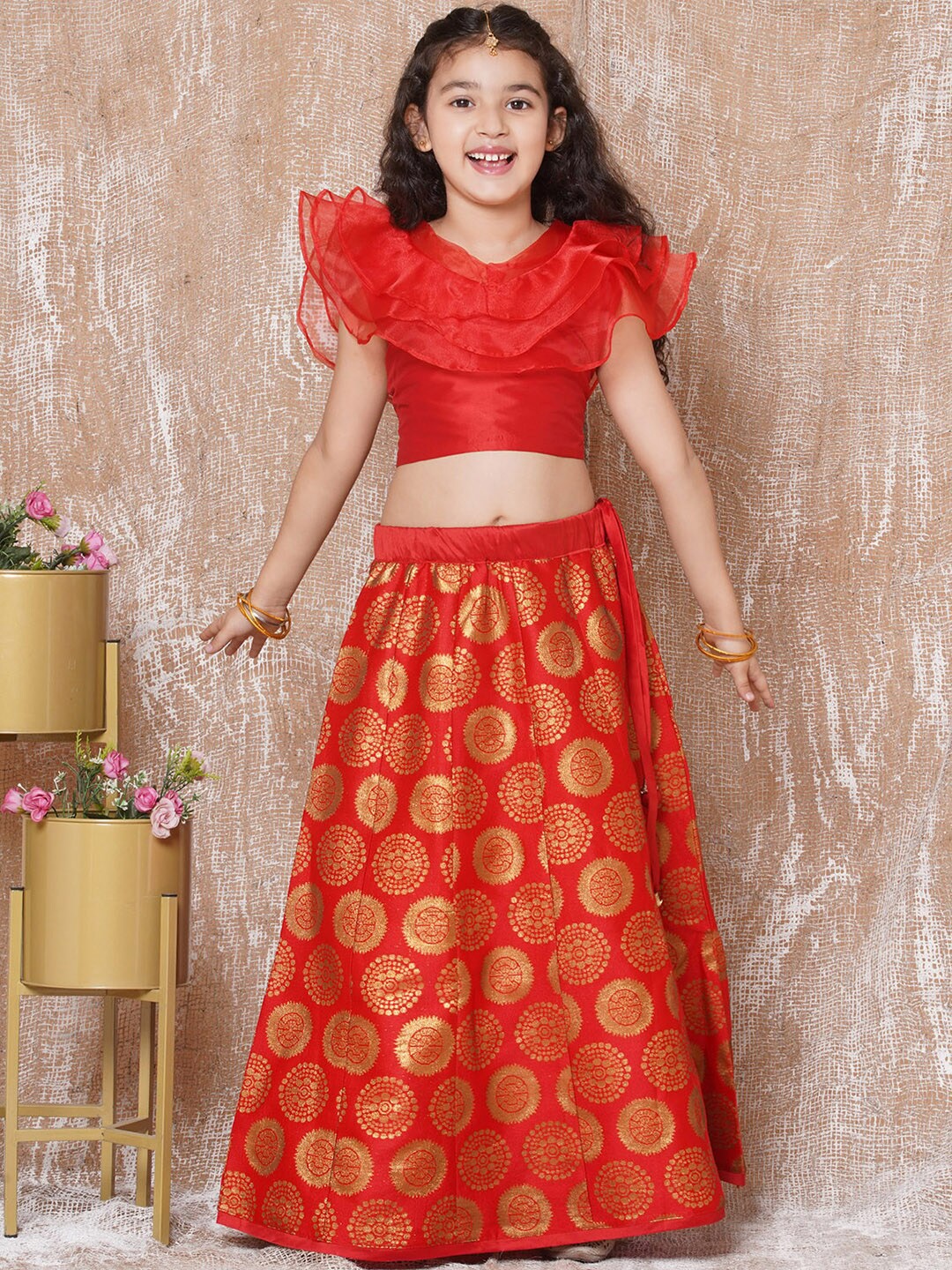 

Aj DEZInES Girls Ruffled Ready to Wear Lehenga & Blouse, Red