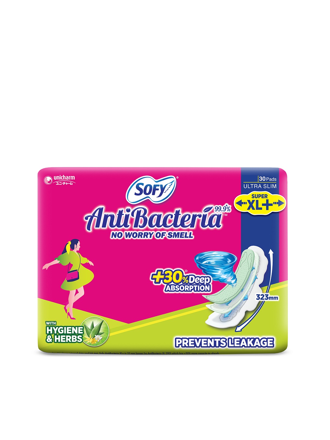 

SOFY Anti Bacteria Super XL+ Ultra Slim No Leakage Sanitary Pads - 30 Pcs, Pink