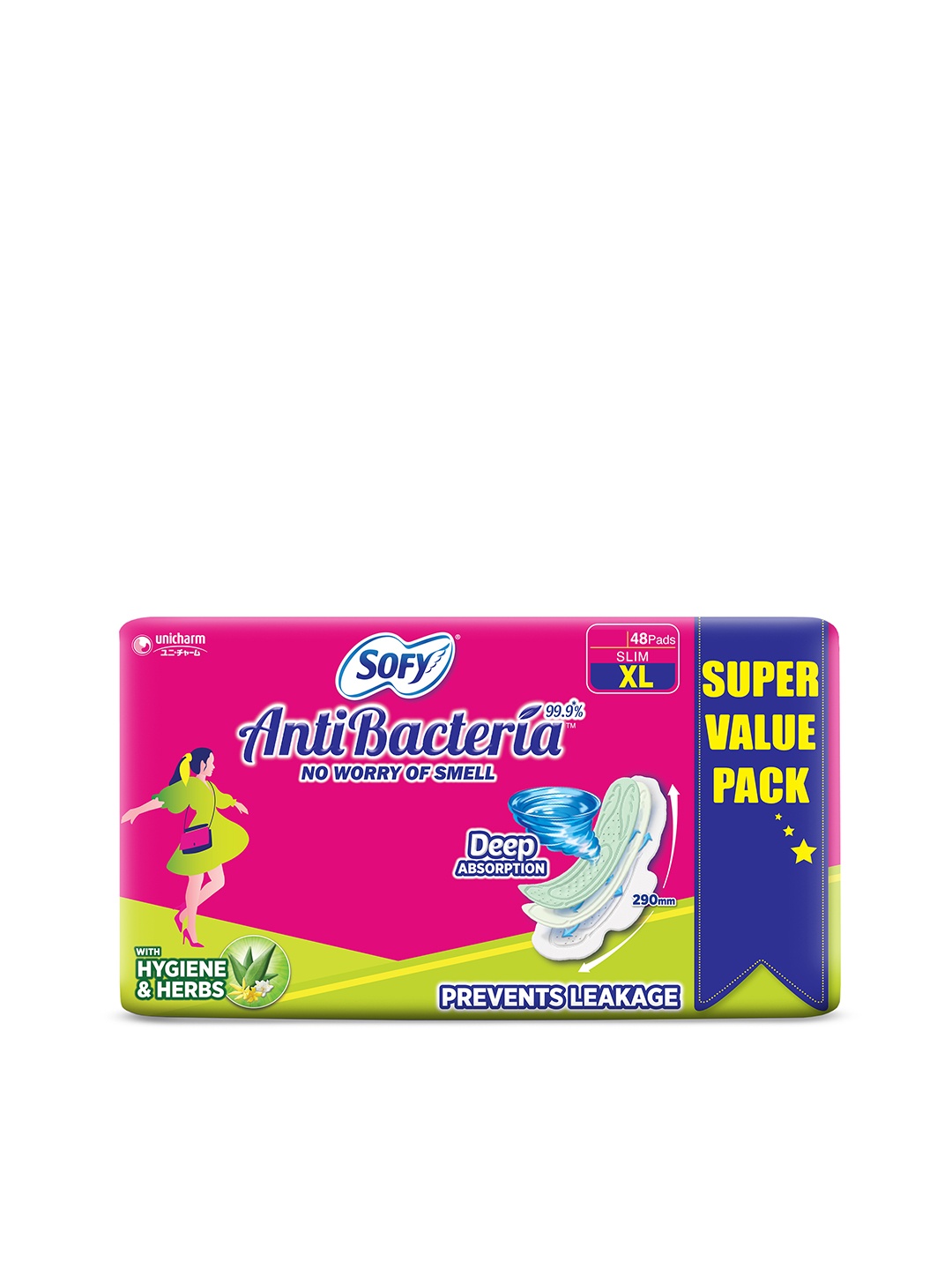 

SOFY Anti Bacteria XL Slim No Leakage Sanitary Pads - 48 Pads, Pink