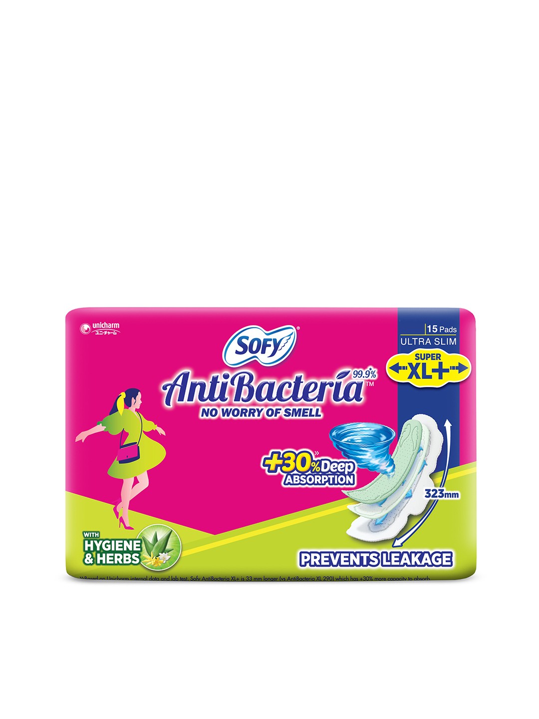 

SOFY Anti Bacteria Super XL+ Ultra Slim No Leakage Sanitary Pads - 15 pcs, Pink