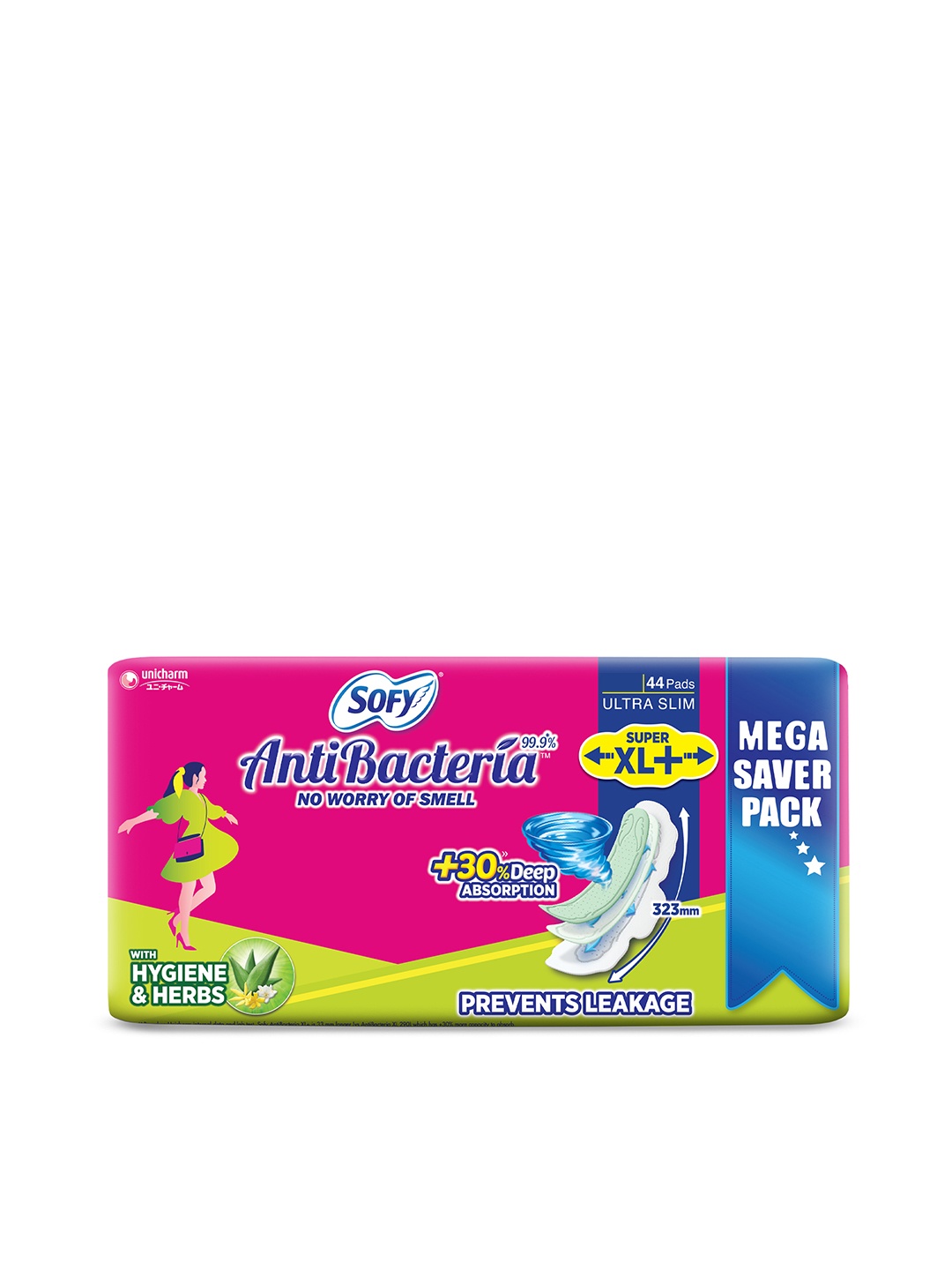 

SOFY Anti Bacteria Super XL+ Ultra Slim Long Lasting Protection Sanitary Napkins - 44 Pads, Pink
