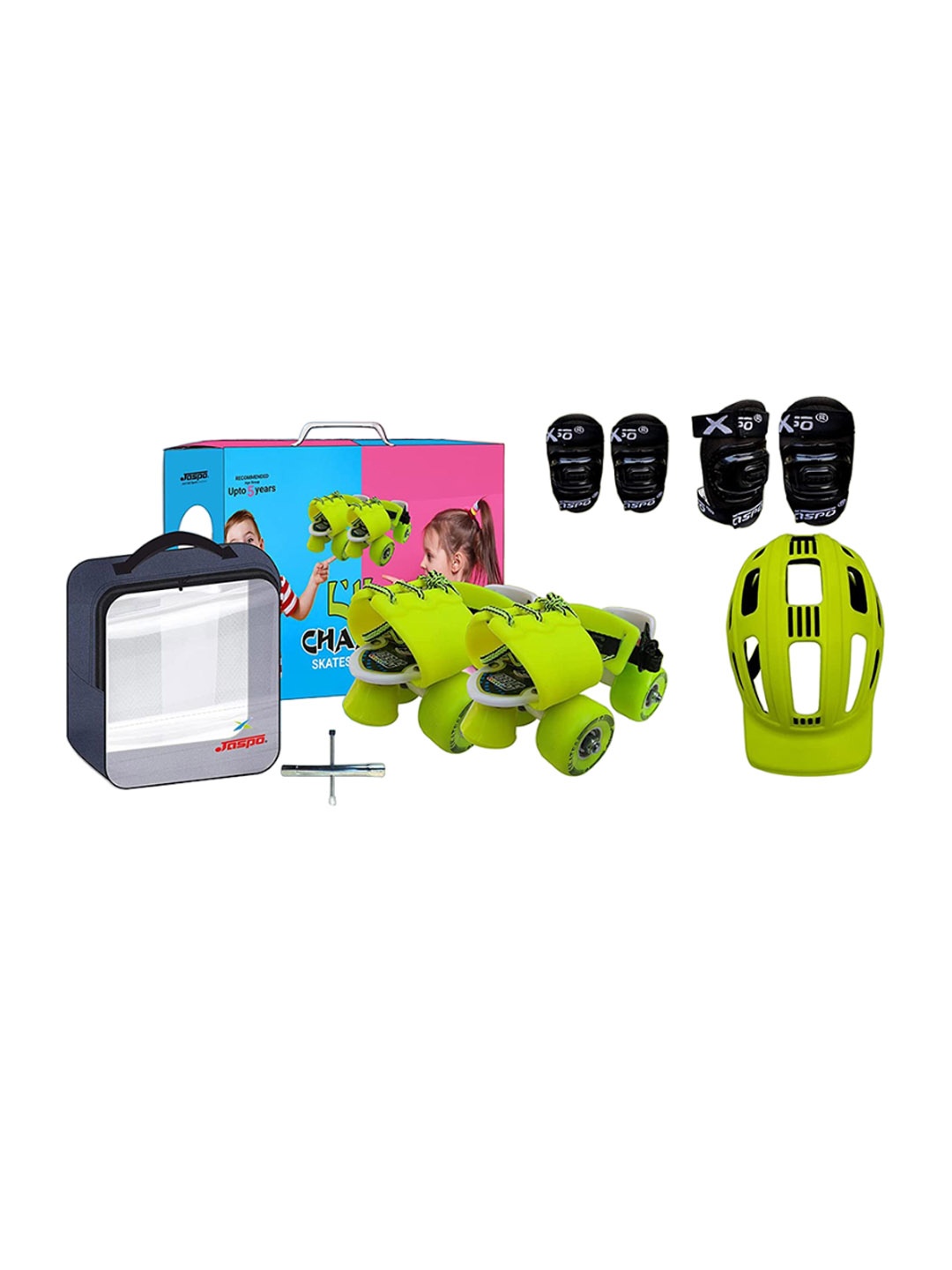 

Jaspo Kids Quad Adjustable Roller Skates with Padding and Helmet, Lime green