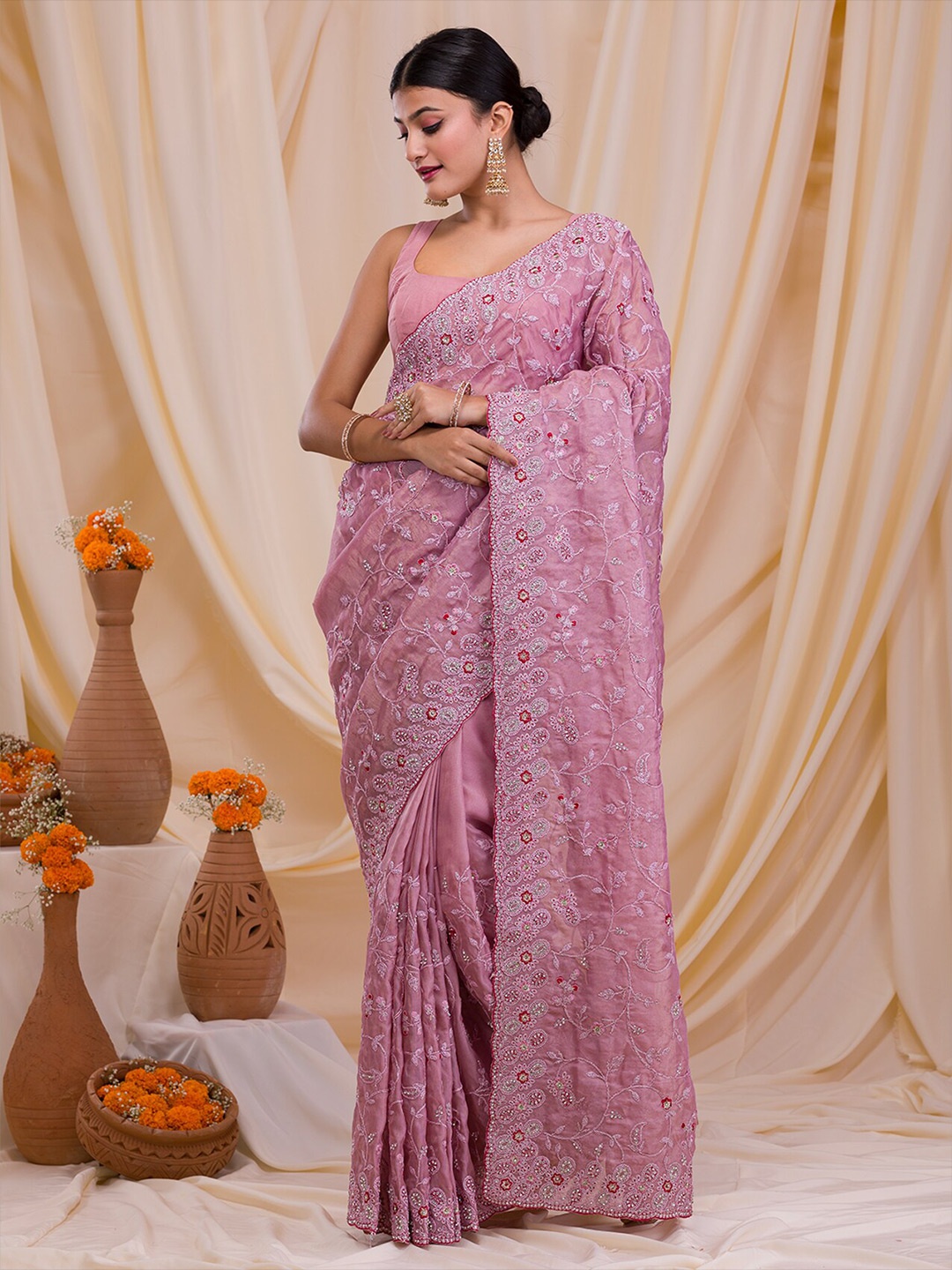 

Koskii Floral Embroidered Beads and Stones Supernet Saree, Lavender
