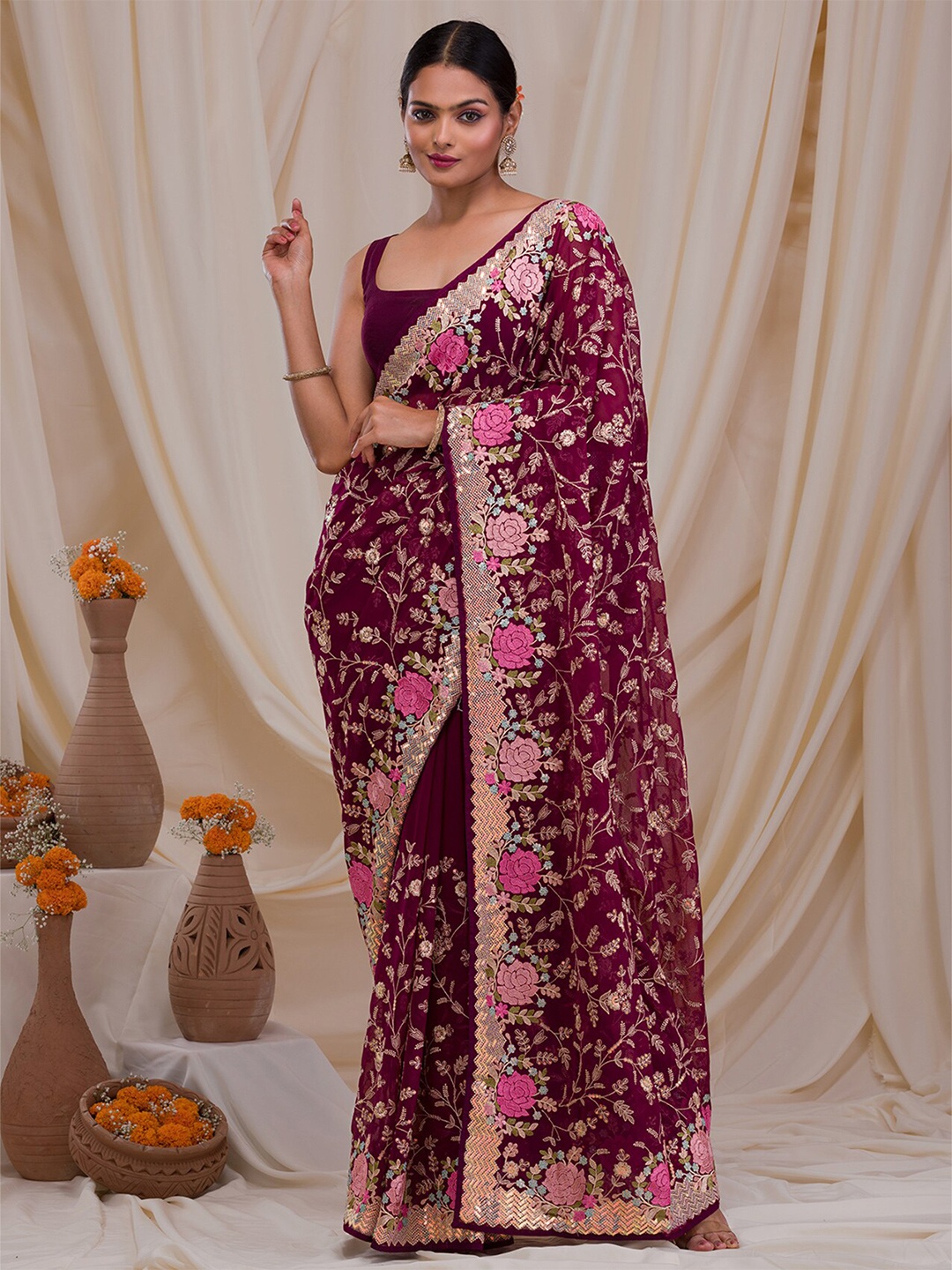 

Koskii Floral Embroidered Georgette Saree, Maroon