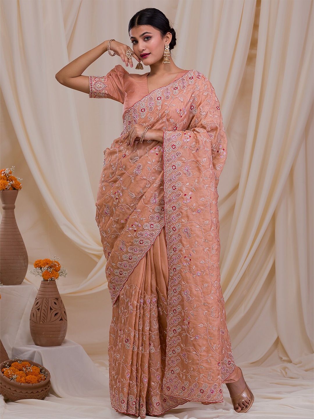 

Koskii Floral Embellished Sequinned Supernet Saree, Peach