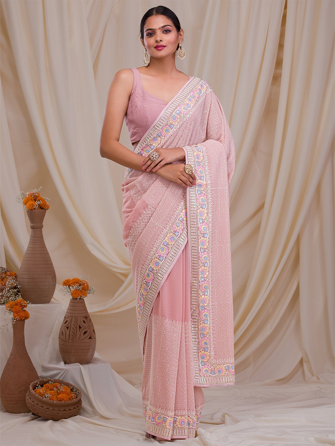 

Koskii Ethnic Motifs Embroidered Georgette Saree, Pink
