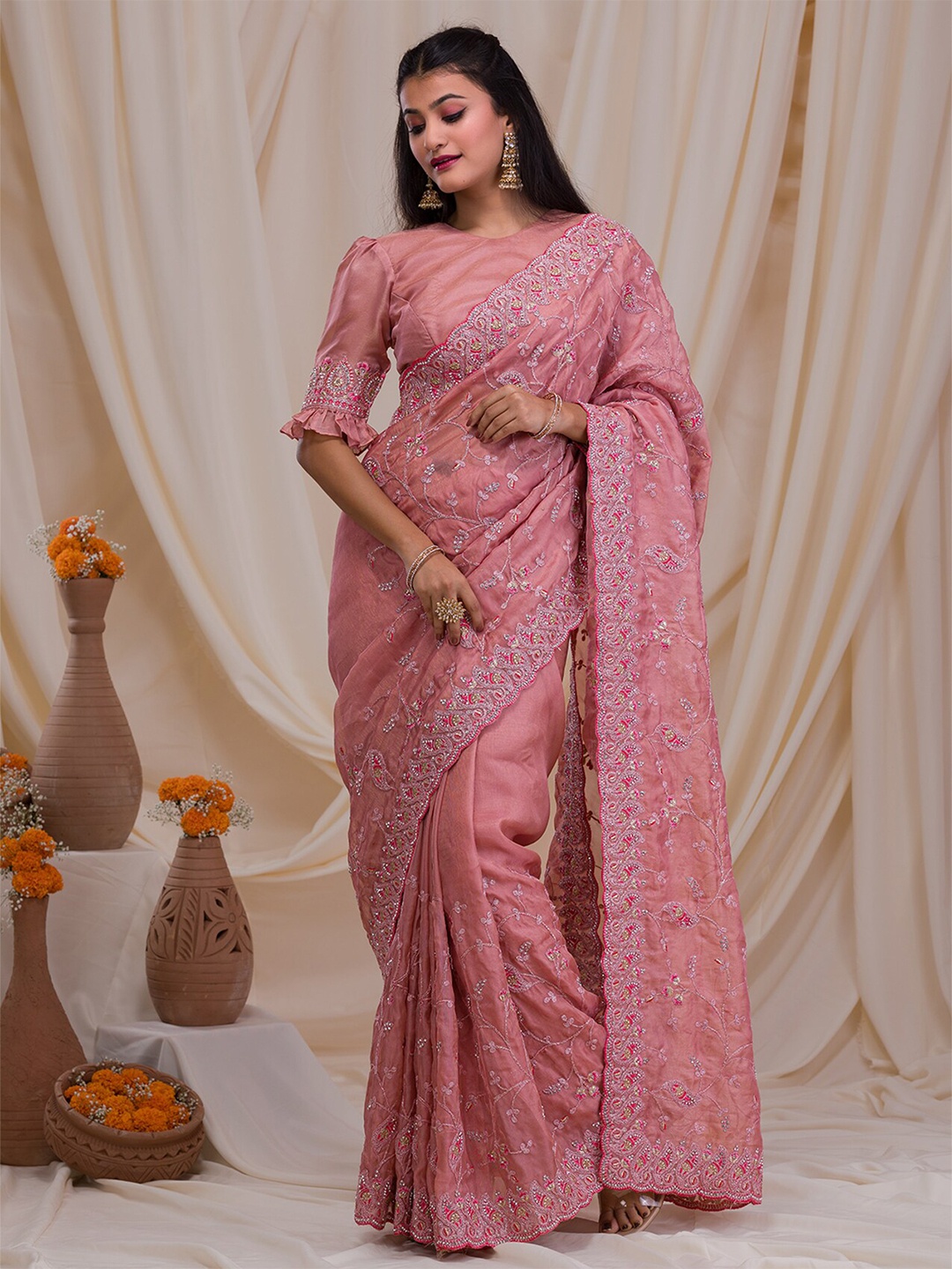 

Koskii Embellished Embroidered Supernet Saree, Pink