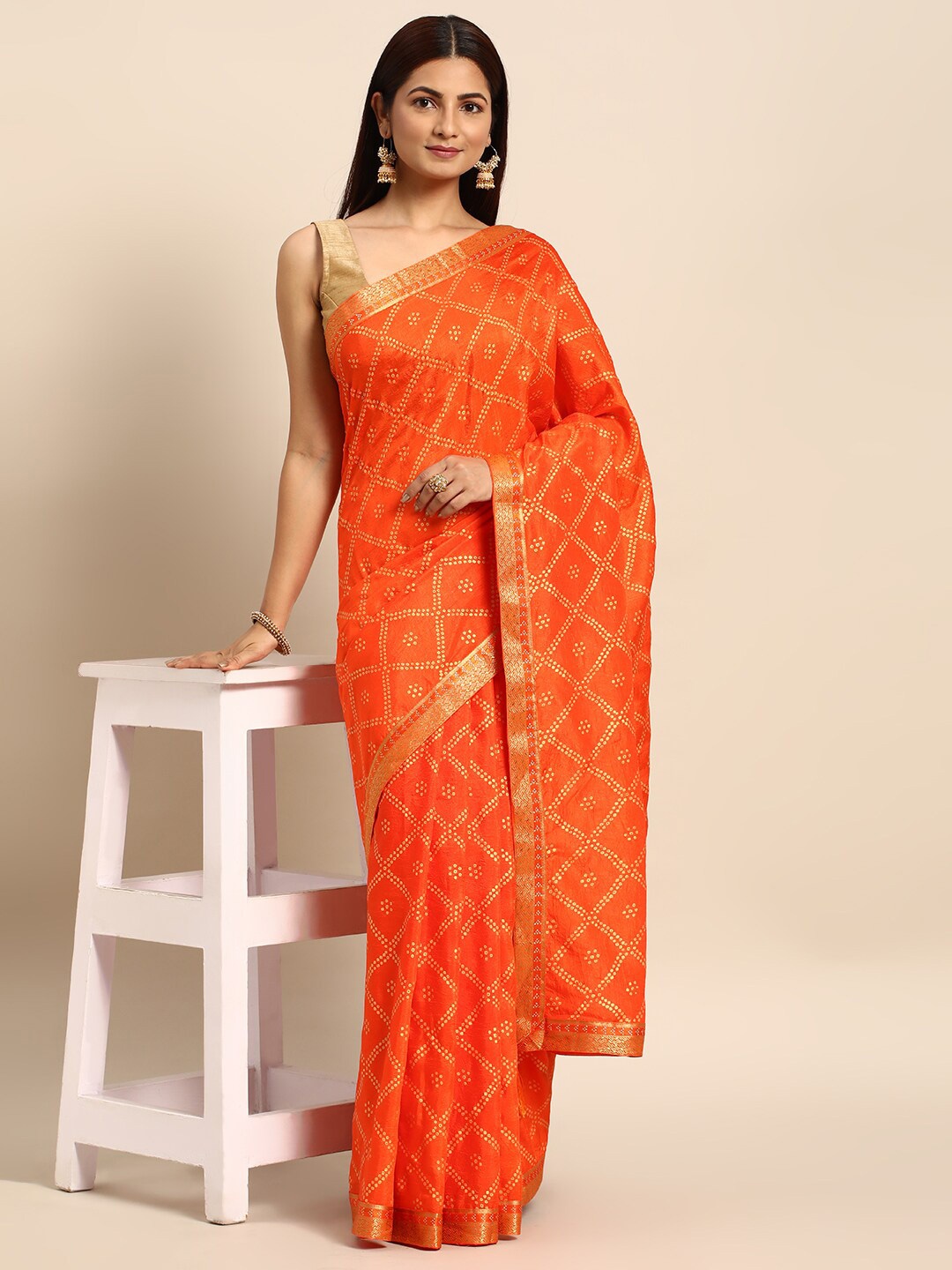 

KALINI Bandhani Printed Pure Silk Saree, Orange