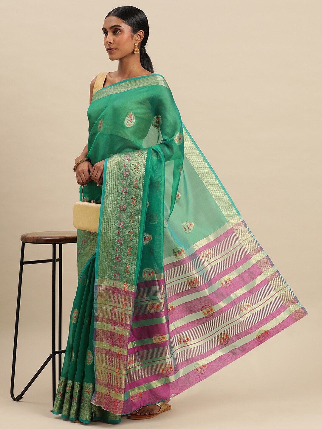 

KALINI Ethnic Motifs Woven Design Zari Organza Saree, Green