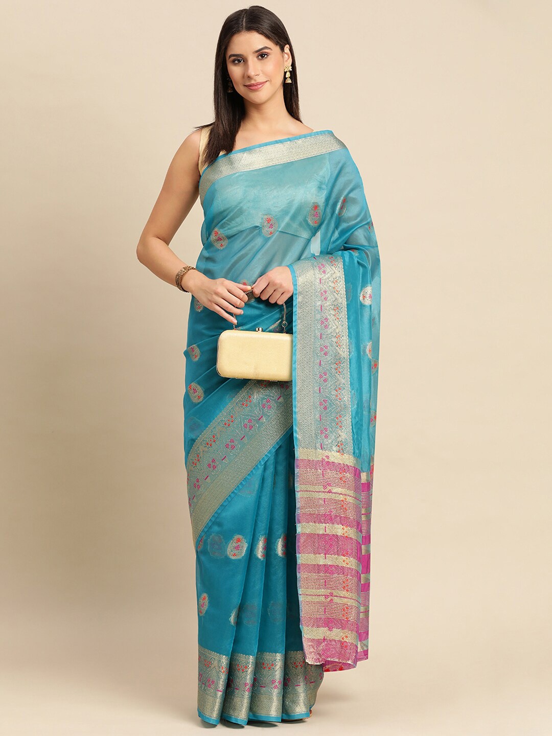 

KALINI Floral Woven Design Zari Organza Silk Saree, Sea green