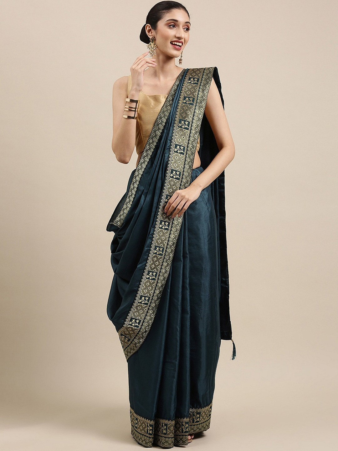 

KALINI Woven Design Zari Pure Silk Saree, Teal