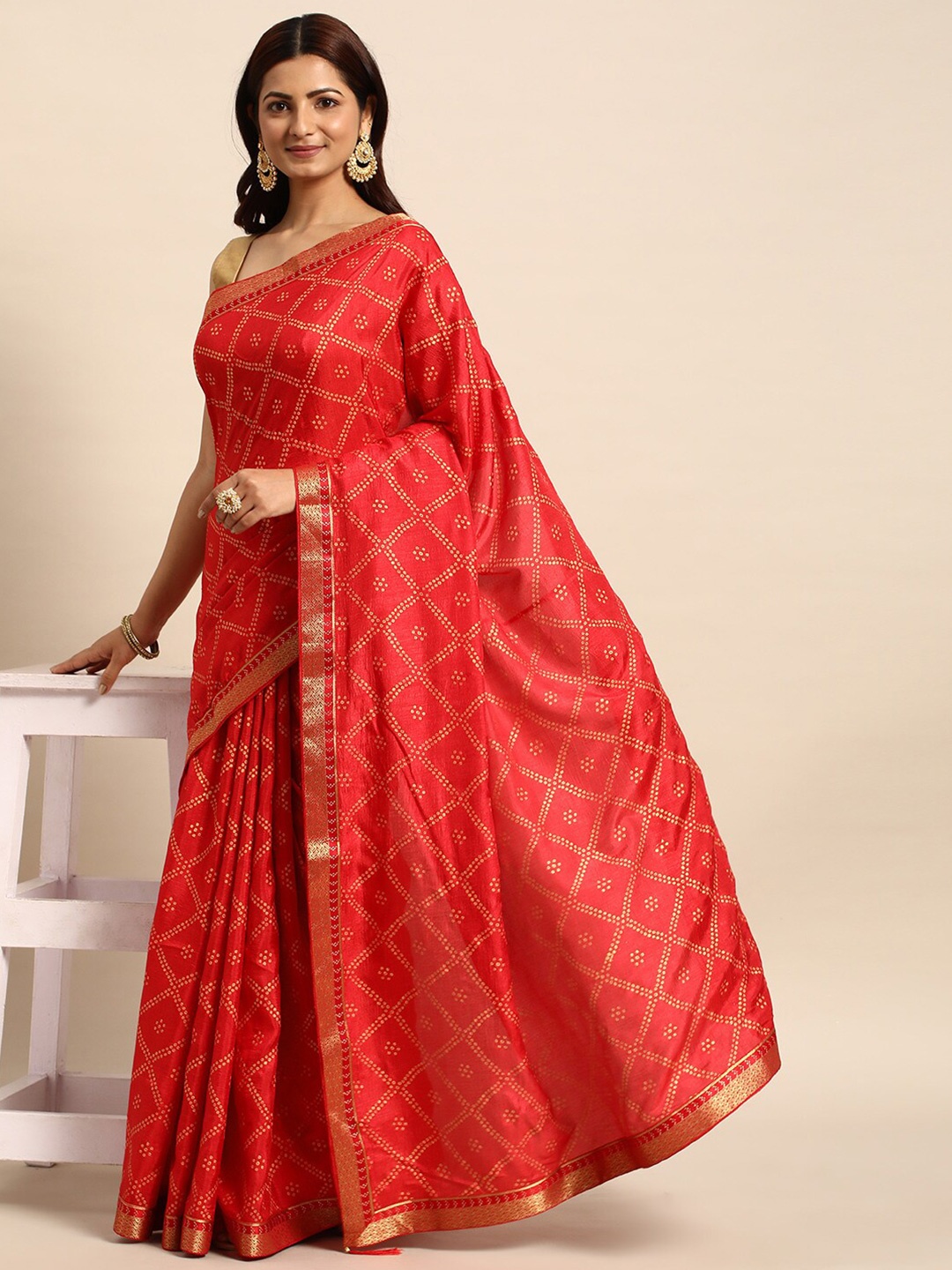 

KALINI Bandhani Printed Zari Pure Silk Saree, Red