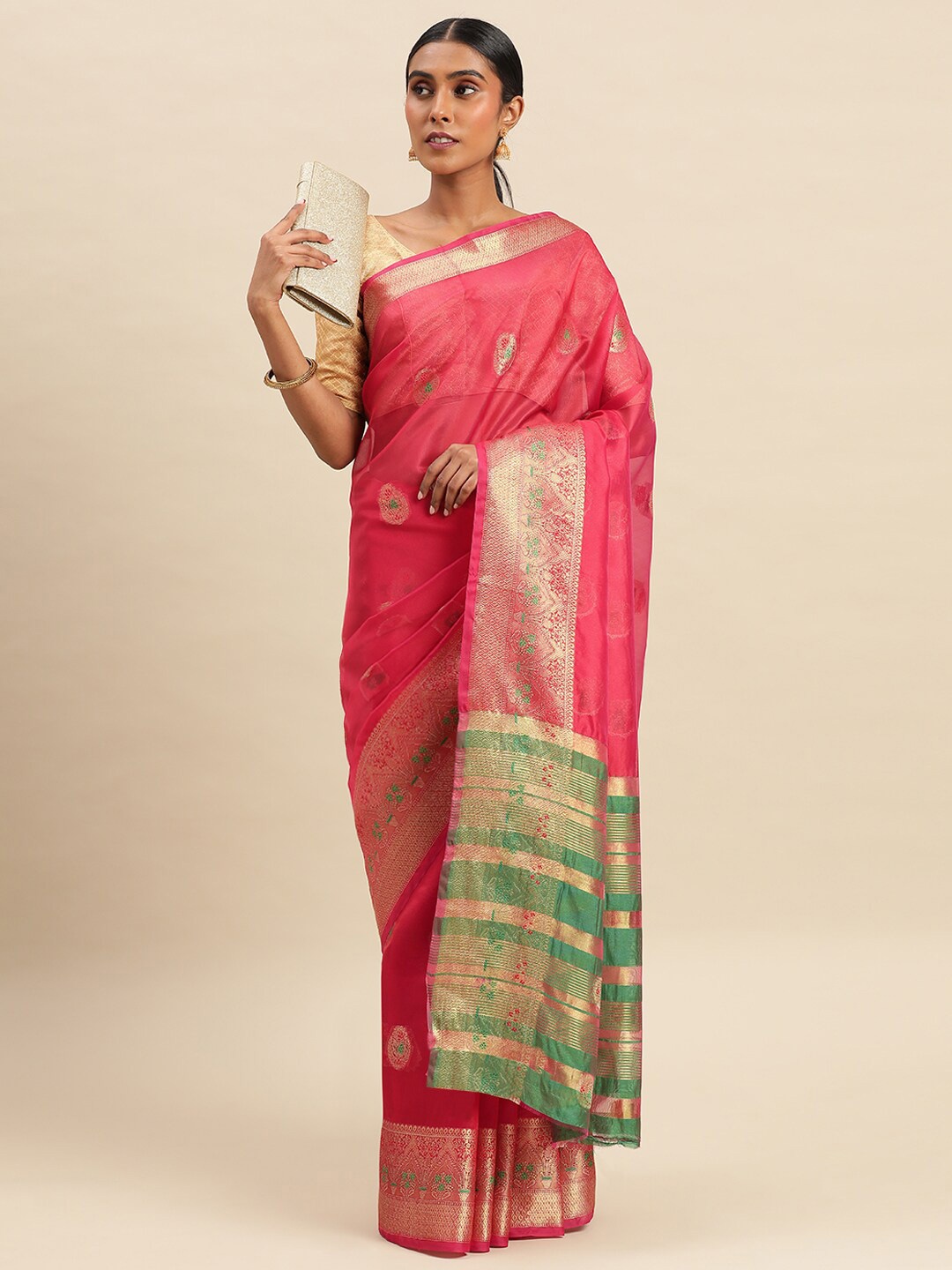 

KALINI Ethnic Motifs Woven Design Zari Organza Saree, Pink