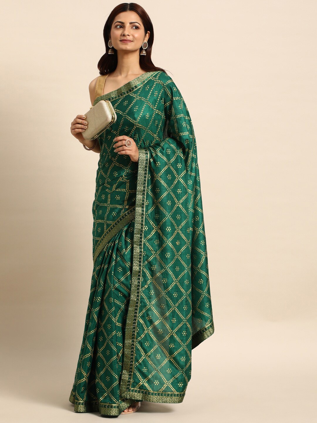 

KALINI Bandhani Printed Zari Pure Silk Saree, Green