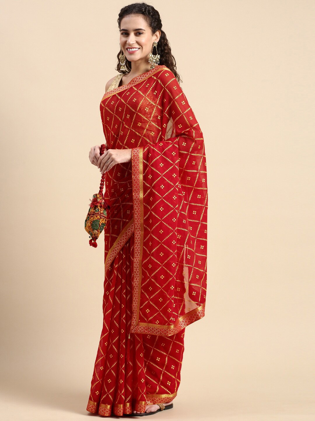 

KALINI Ethnic Motifs Printed Zari Saree, Red