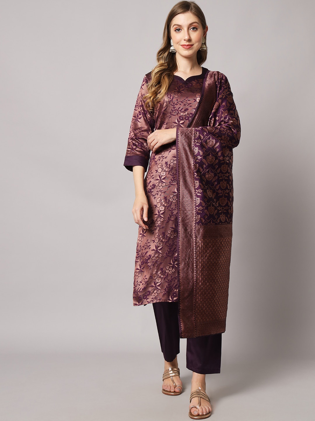 

Sun Fashion And Lifestyle Floral Woven Designed Regular Kurta & Trouser With Dupatta, Maroon