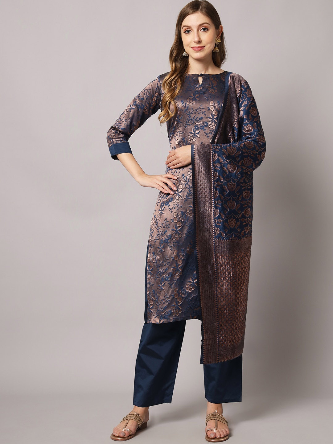 

Sun Fashion And Lifestyle Floral Woven Designed Regular Kurta & Trouser With Dupatta, Blue