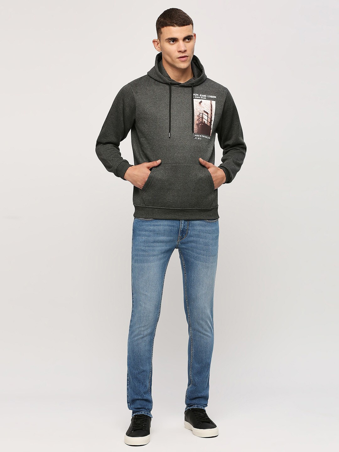 

Pepe Jeans Graphic Printed Hooded Pure Cotton Sweatshirt, Grey