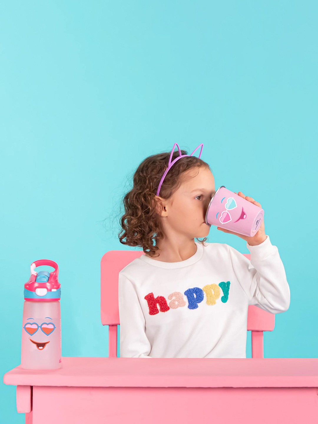 

Rabitat Pink Snap Lock Sipper Bottle with Glass 410 ml