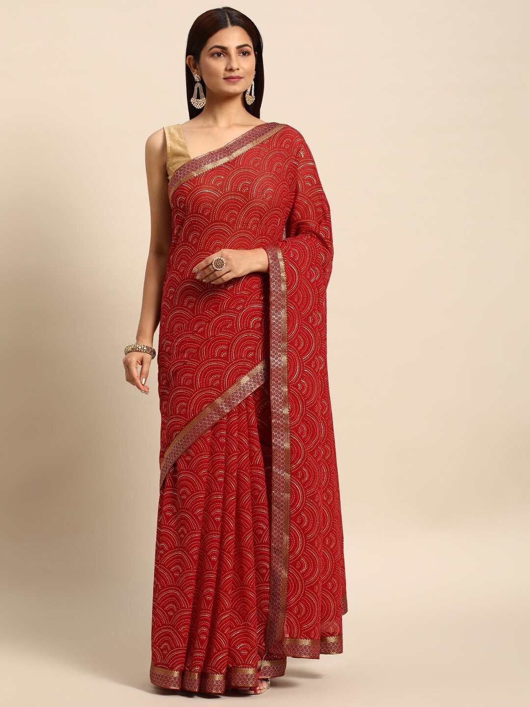 

KALINI Geometric Printed Zari Saree, Maroon