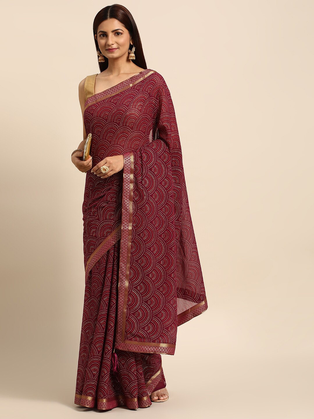 

KALINI Geometric Printed Zari Saree, Purple