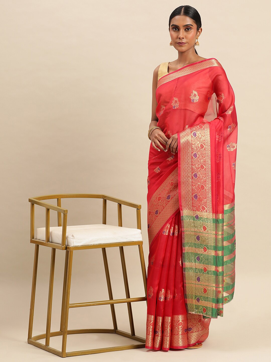 

KALINI Ethnic Moif Woven Design Zari Organza Saree, Pink