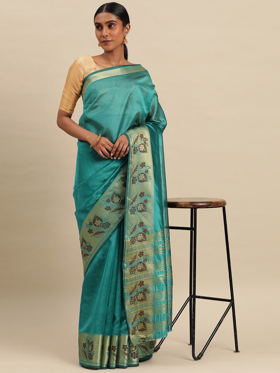 

KALINI Zari Silk Cotton Saree, Green