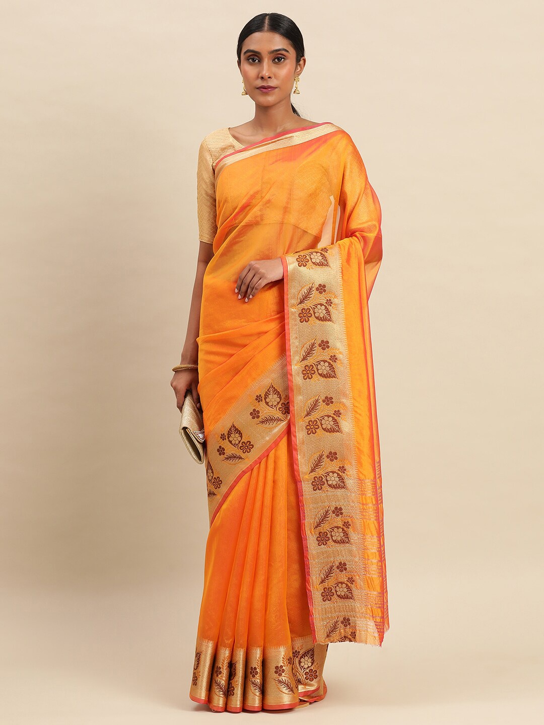 

KALINI Zari Silk Cotton Saree, Orange