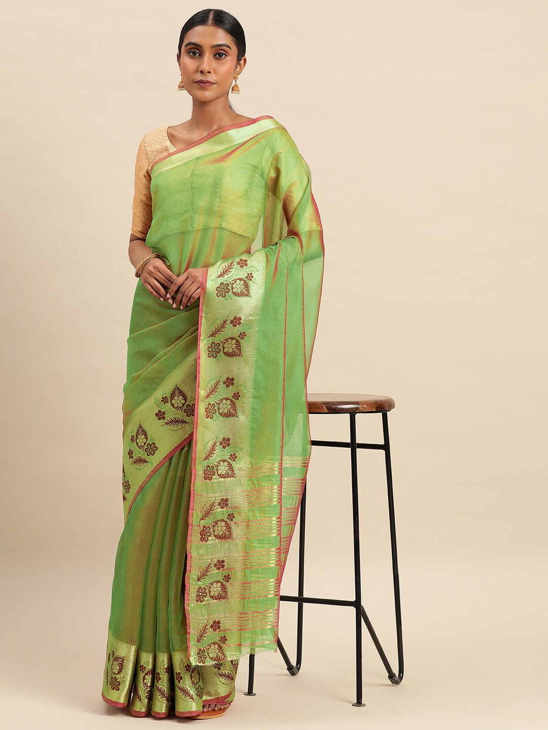 

KALINI Zari Silk Cotton Saree, Green